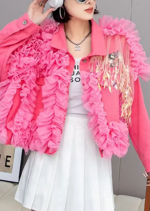 Women's longline double - breasted camel coats for a sophisticated lookFashion Pink Tulle Ruffled Tasseled Patchwork Denim Jackets Spring Women's longline double - breasted camel coats for a sophisticated lookFashion Pink Tulle Ruffled Tasseled Patchwork Denim Jackets Spring