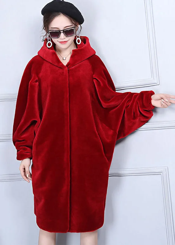 Shearling - lined women's leather coats for ultimate warmth and luxuryFashion Red Oversized Wrinkled Cashmere Jackets Batwing Sleeve Shearling - lined women's leather coats for ultimate warmth and luxuryFashion Red Oversized Wrinkled Cashmere Jackets Batwing Sleeve