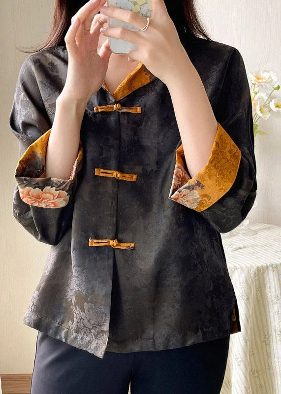 Women's long - sleeve wool coats in a houndstooth pattern for a classic charmFashion Stand Collar Print Button Side Open Silk Coat Long Sleeve Women's long - sleeve wool coats in a houndstooth pattern for a classic charmFashion Stand Collar Print Button Side Open Silk Coat Long Sleeve