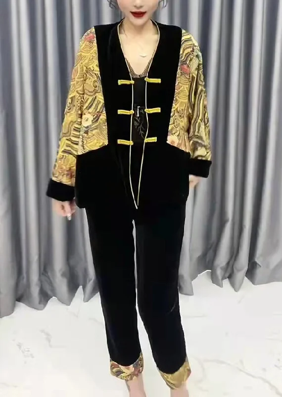Women's pea coats with brass buttons for a nautical - inspired styleFashion Yellow V Neck Print Patchwork Silk Velour Coats And Crop Pants Two Pieces Set Fall Women's pea coats with brass buttons for a nautical - inspired styleFashion Yellow V Neck Print Patchwork Silk Velour Coats And Crop Pants Two Pieces Set Fall