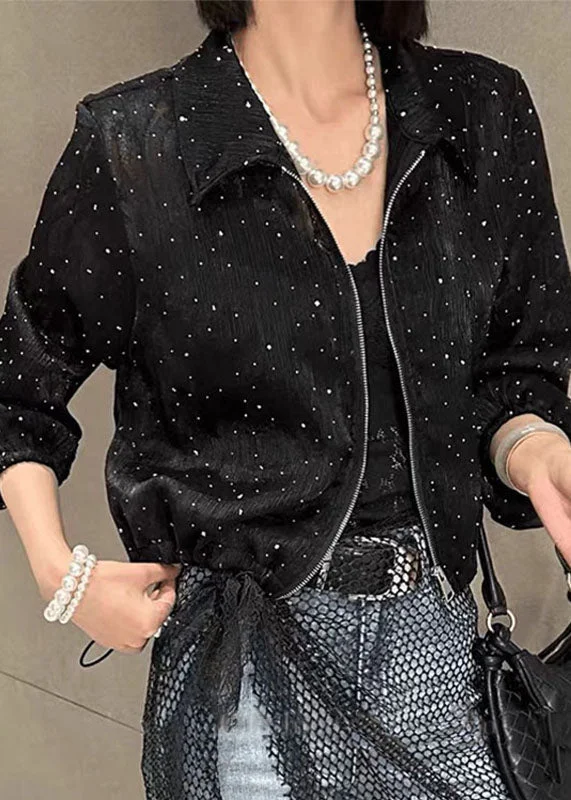 Women's faux fur coats in bright colors for a bold fashion statementFine Black Peter Pan Collar Zircon Zippered UPF 50+ Coat Long Sleeve Women's faux fur coats in bright colors for a bold fashion statementFine Black Peter Pan Collar Zircon Zippered UPF 50+ Coat Long Sleeve