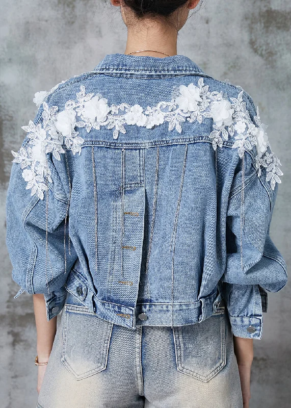 Water - resistant women's trench coats with adjustable cuffs for rainy daysFine Blue Tasseled Patchwork Lace Flower Denim Short Coats Spring Water - resistant women's trench coats with adjustable cuffs for rainy daysFine Blue Tasseled Patchwork Lace Flower Denim Short Coats Spring