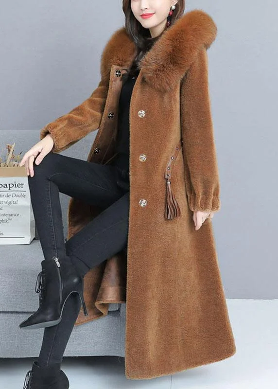 Embroidered women's cotton coats in a bohemian pattern for a unique designFine Caramel Pockets Button Thick Winter Long sleeve Coats