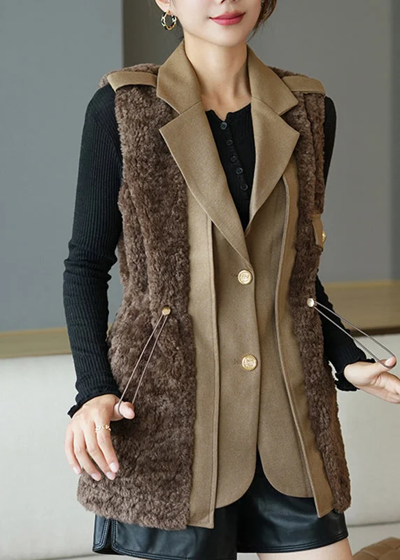 Mid - length women's down coats in a slim fit for a modern and sleek appearanceFine Chocolate Notched Patchwork Button Faux Fur Waistcoat Fall Mid - length women's down coats in a slim fit for a modern and sleek appearanceFine Chocolate Notched Patchwork Button Faux Fur Waistcoat Fall