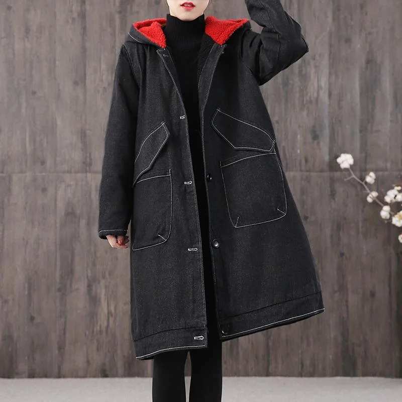 Plus size women's wool blend coats for a warm and stylish winterFine denim black print Parkas oversized Coats hooded pockets outwear Plus size women's wool blend coats for a warm and stylish winterFine denim black print Parkas oversized Coats hooded pockets outwear