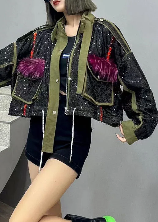 Mid - length women's down coats in a slim fit for a modern and sleek appearanceFine Green Pockets Zip Up Sequins Patchwork Denim Short Coat Spring Mid - length women's down coats in a slim fit for a modern and sleek appearanceFine Green Pockets Zip Up Sequins Patchwork Denim Short Coat Spring