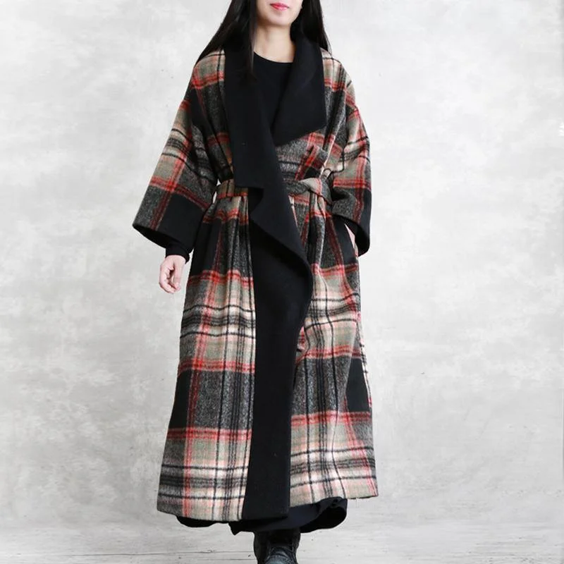 Women's longline double - breasted camel coats for a sophisticated lookFine red plaid Woolen Coat Women Loose fitting maxi coat Notched tie waist Women's longline double - breasted camel coats for a sophisticated lookFine red plaid Woolen Coat Women Loose fitting maxi coat Notched tie waist