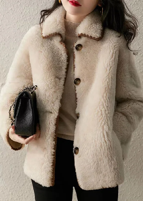 Women's reversible down coats with two - tone designs for versatile stylingFitted Beige Peter Pan Collar Pockets Patchwork Wool Coat Winter Women's reversible down coats with two - tone designs for versatile stylingFitted Beige Peter Pan Collar Pockets Patchwork Wool Coat Winter