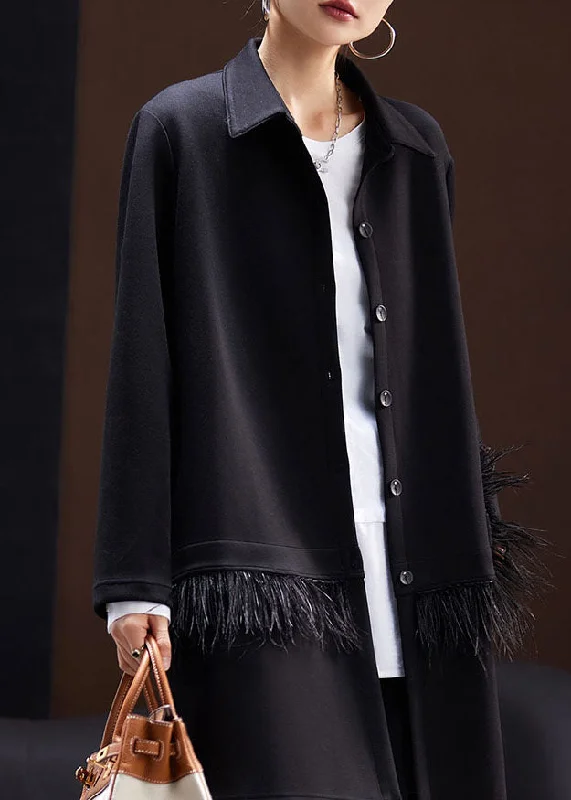 Belted women's cashmere coats in soft pastels for a luxurious feelFitted Black Peter Pan Collar Tassel Patchwork Coats Long Sleeve Belted women's cashmere coats in soft pastels for a luxurious feelFitted Black Peter Pan Collar Tassel Patchwork Coats Long Sleeve