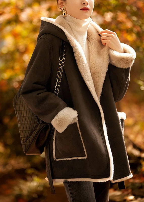 Women's long - sleeve wool coats in a houndstooth pattern for a classic charmFitted Coffee Tie Waist Button Thick Hoodie Woolen Blended Coat Winter Women's long - sleeve wool coats in a houndstooth pattern for a classic charmFitted Coffee Tie Waist Button Thick Hoodie Woolen Blended Coat Winter