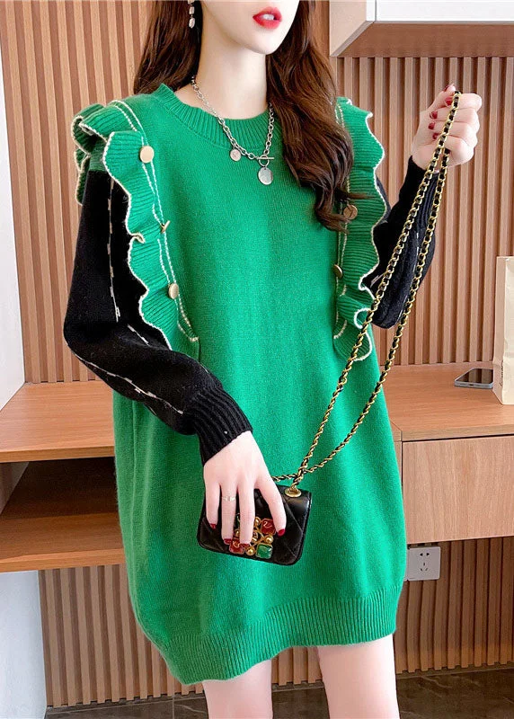 Plus Size Women's Tunic - Style Sweater Dresses with PocketsFitted Green Ruffled Print Cashmere Long Knit Dress Winter Plus Size Women's Tunic - Style Sweater Dresses with PocketsFitted Green Ruffled Print Cashmere Long Knit Dress Winter