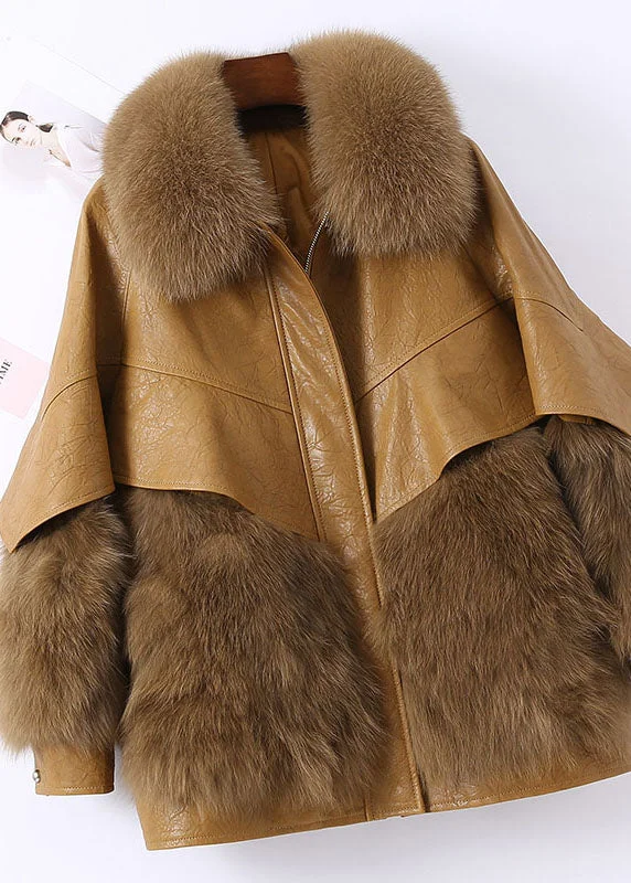 Women's knee - length wool blend coats with a fur collar for added warmthFitted Khaki Zip Up Fox fur Patchwork Leather Puffer Jacket Winter Women's knee - length wool blend coats with a fur collar for added warmthFitted Khaki Zip Up Fox fur Patchwork Leather Puffer Jacket Winter