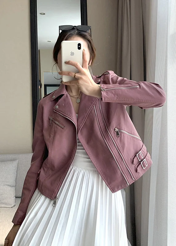 Shearling - lined women's leather coats for ultimate warmth and luxuryFitted Pink Zip Up Pockets Patchwork Faux Leather Coat Fall Shearling - lined women's leather coats for ultimate warmth and luxuryFitted Pink Zip Up Pockets Patchwork Faux Leather Coat Fall