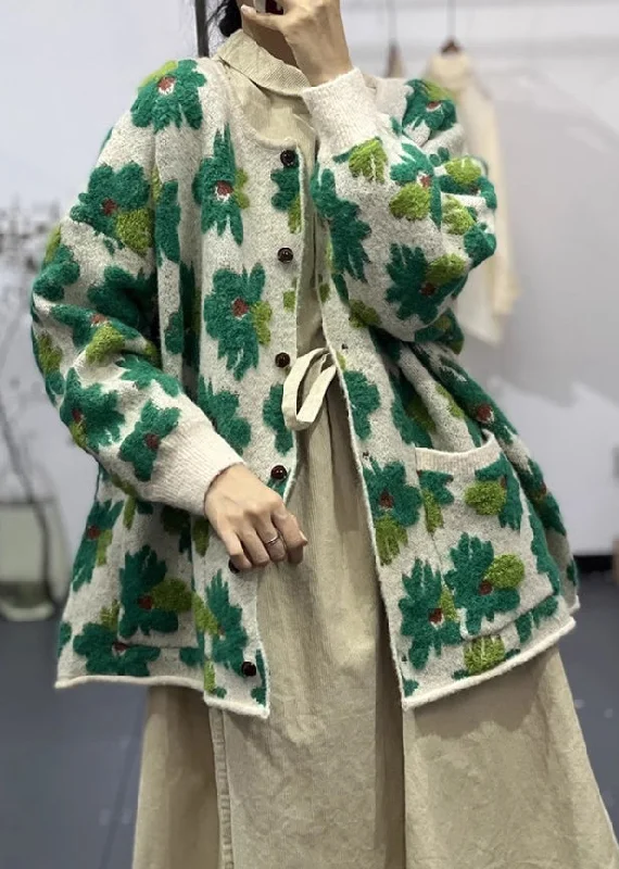 Water - resistant women's trench coats with adjustable cuffs for rainy daysFloral Green Button Pockets Cotton Knit Coats Long Sleeve Water - resistant women's trench coats with adjustable cuffs for rainy daysFloral Green Button Pockets Cotton Knit Coats Long Sleeve