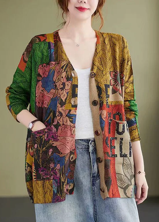 Shearling - lined women's leather coats for ultimate warmth and luxuryFloral Print Patchwork Cotton Knit Coat V Neck Long Sleeve Shearling - lined women's leather coats for ultimate warmth and luxuryFloral Print Patchwork Cotton Knit Coat V Neck Long Sleeve