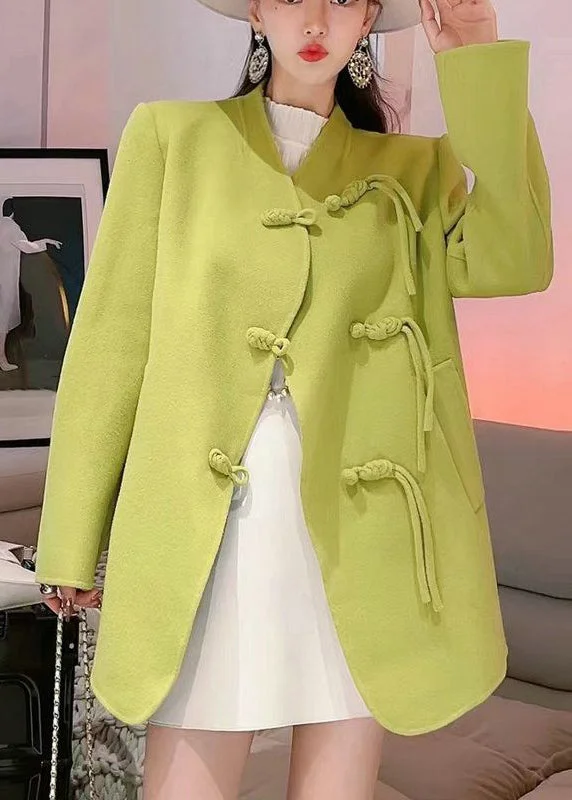 Women's pea coats with brass buttons for a nautical - inspired styleFluorescent Green Woolen Coats Oversized Chinese Button Fall Women's pea coats with brass buttons for a nautical - inspired styleFluorescent Green Woolen Coats Oversized Chinese Button Fall