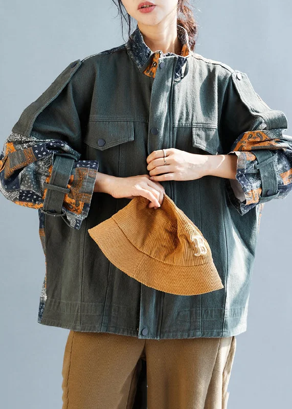 Oversized women's wool coats in a monochromatic look for a trendy outfitFrench Army Green Zippered Oversized Patchwork Cotton Coats Fall