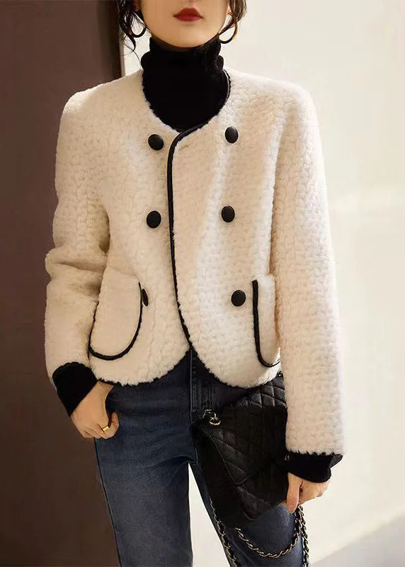 Women's knee - length wool blend coats with a fur collar for added warmthFrench Beige O Neck Pockets Patchwork Wool Coats Winter Women's knee - length wool blend coats with a fur collar for added warmthFrench Beige O Neck Pockets Patchwork Wool Coats Winter