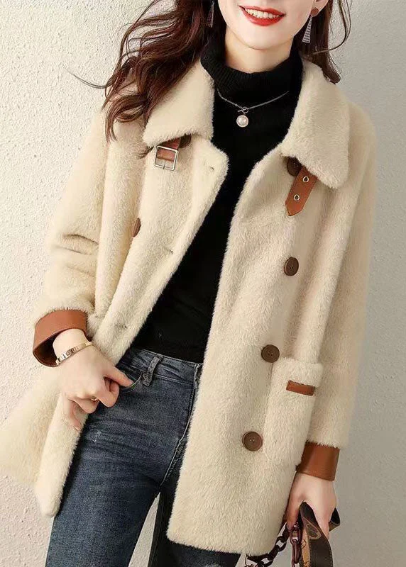 Plus size women's wool blend coats for a warm and stylish winterFrench Beige Peter Pan Collar Pockets Patchwork Faux Fur Coat Fall Plus size women's wool blend coats for a warm and stylish winterFrench Beige Peter Pan Collar Pockets Patchwork Faux Fur Coat Fall
