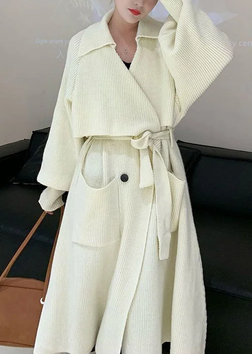 Women's pea coats with brass buttons for a nautical - inspired styleFrench Beige Pockets Tie Waist Patchwork Cotton Knit Coats Fall