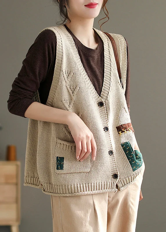 Women's long - sleeve wool coats in a houndstooth pattern for a classic charmFrench Beige V Neck Button Pockets Cotton Knit Waistcoat Sleeveless Women's long - sleeve wool coats in a houndstooth pattern for a classic charmFrench Beige V Neck Button Pockets Cotton Knit Waistcoat Sleeveless