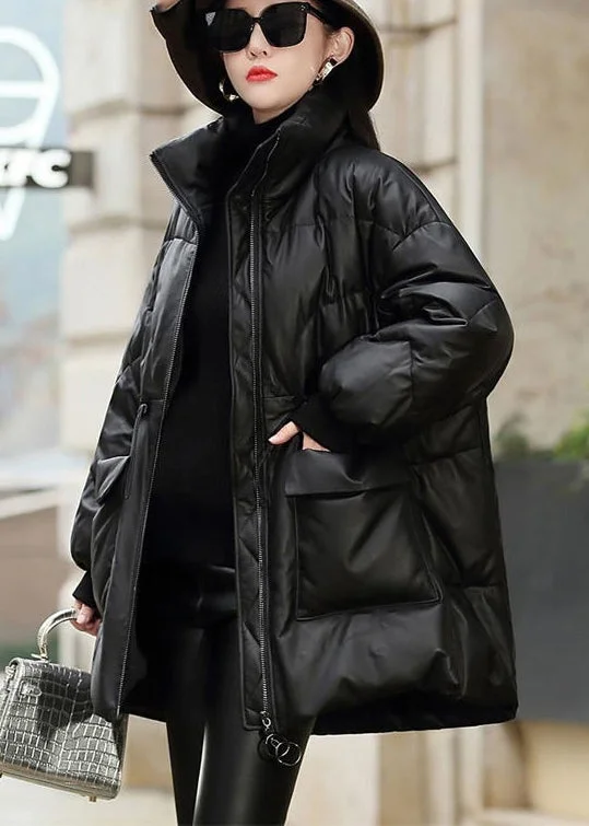 Oversized women's wool coats in a monochromatic look for a trendy outfitFrench Black Cinched Sheepskin Duck Down Filled Down Jacket Winter