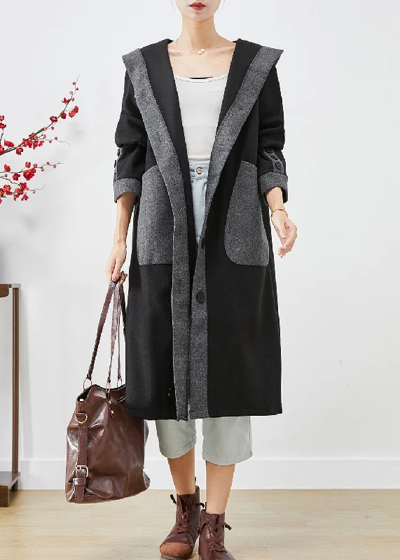 Embroidered women's cotton coats in a bohemian pattern for a unique designFrench Black Hooded Patchwork Pockets Woolen Coat Outwear Fall Embroidered women's cotton coats in a bohemian pattern for a unique designFrench Black Hooded Patchwork Pockets Woolen Coat Outwear Fall