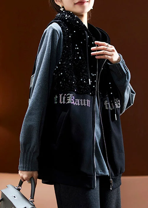 Women's faux fur coats in bright colors for a bold fashion statementFrench Black Hooded Sequins Zircon Cotton Waistcoat Sleeveless Women's faux fur coats in bright colors for a bold fashion statementFrench Black Hooded Sequins Zircon Cotton Waistcoat Sleeveless