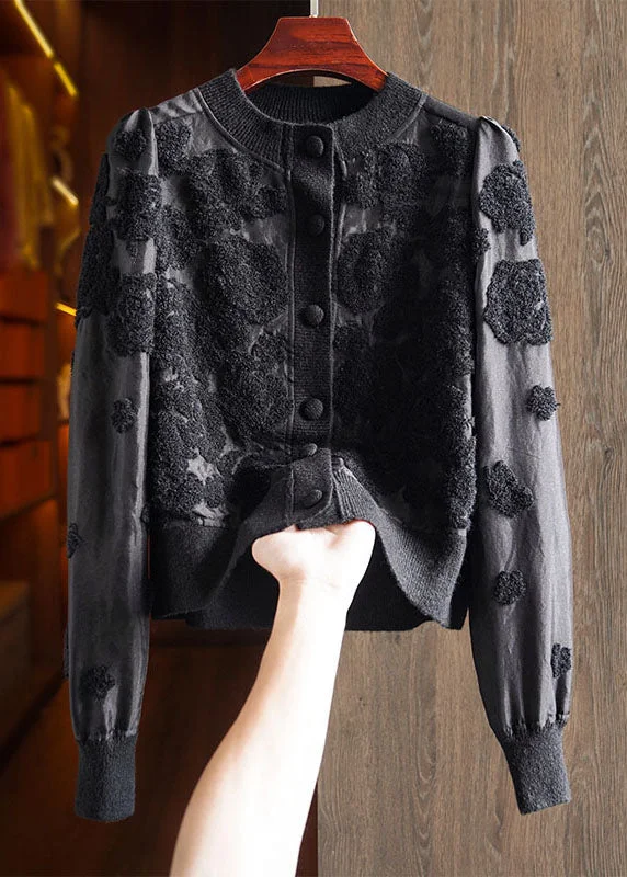Water - resistant women's trench coats with adjustable cuffs for rainy daysFrench Black O-Neck Button Silk Wool Patchwork Knit Coat Long Sleeve Water - resistant women's trench coats with adjustable cuffs for rainy daysFrench Black O-Neck Button Silk Wool Patchwork Knit Coat Long Sleeve