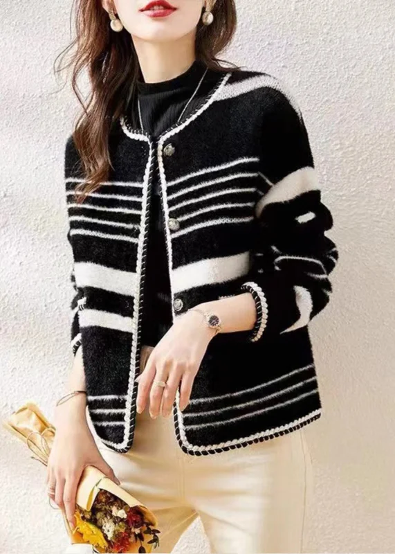 Women's waterproof parka coats with multiple pockets for practicalityFrench Black O Neck Striped Women Mink Hair Knitted Coat Fall Women's waterproof parka coats with multiple pockets for practicalityFrench Black O Neck Striped Women Mink Hair Knitted Coat Fall