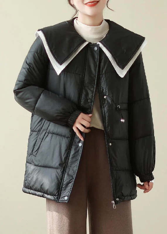 Women's reversible down coats with two - tone designs for versatile stylingFrench Black Peter Pan Collar Drawstring Fine Cotton Filled Puffer Jacket Winter Women's reversible down coats with two - tone designs for versatile stylingFrench Black Peter Pan Collar Drawstring Fine Cotton Filled Puffer Jacket Winter