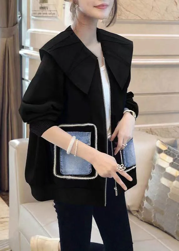 Shearling - lined women's leather coats for ultimate warmth and luxuryFrench Black Peter Pan Collar Patchwork Cotton Coats Fall Shearling - lined women's leather coats for ultimate warmth and luxuryFrench Black Peter Pan Collar Patchwork Cotton Coats Fall