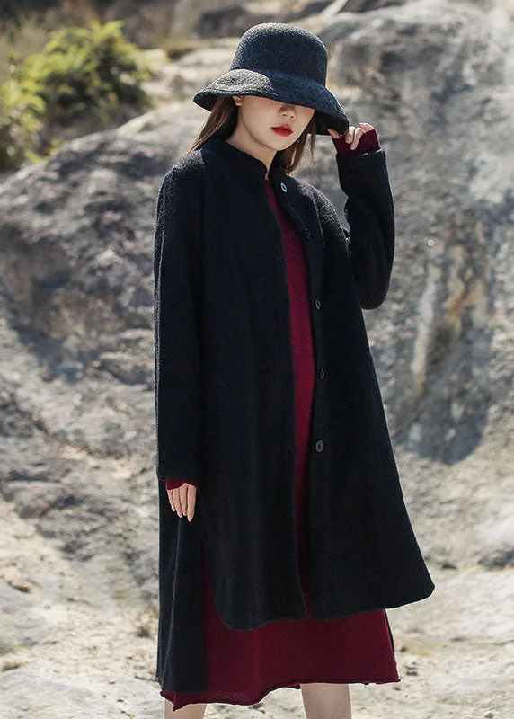 Embroidered women's cotton coats in a bohemian pattern for a unique designFrench Black Stand Collar low high design Woolen Coats Winter Embroidered women's cotton coats in a bohemian pattern for a unique designFrench Black Stand Collar low high design Woolen Coats Winter