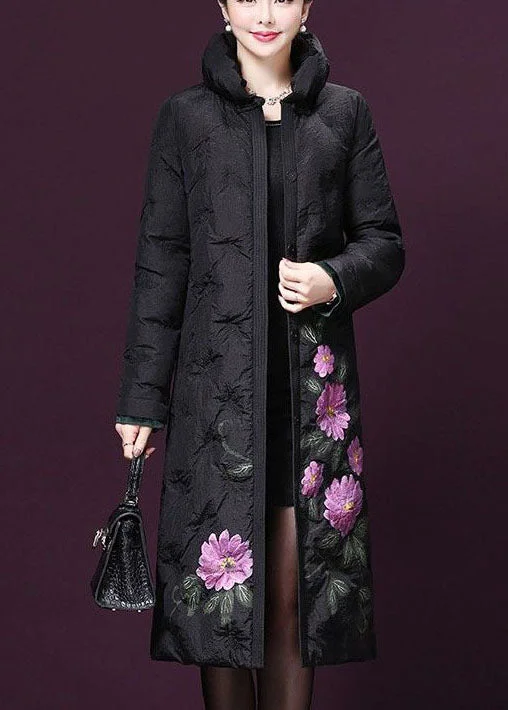 Women's knee - length wool blend coats with a fur collar for added warmthFrench Black Stand Collar Print Duck Down Down Coat Winter Women's knee - length wool blend coats with a fur collar for added warmthFrench Black Stand Collar Print Duck Down Down Coat Winter