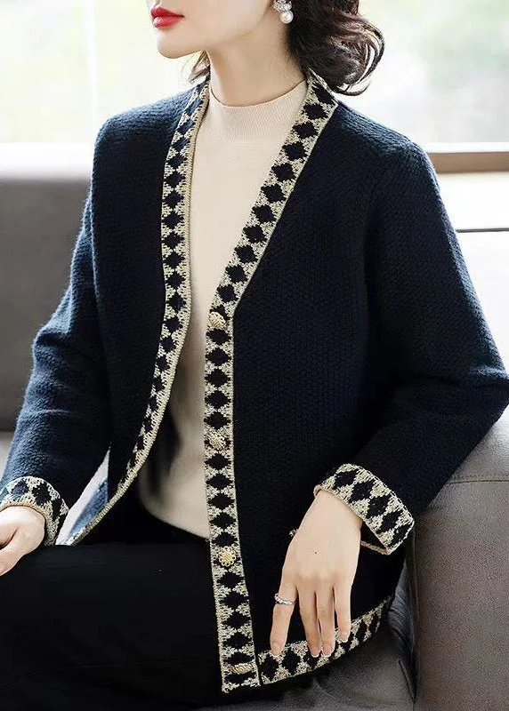 Women's waterproof parka coats with multiple pockets for practicalityFrench Black V Neck Button Patchwork Knit Coats Fall Women's waterproof parka coats with multiple pockets for practicalityFrench Black V Neck Button Patchwork Knit Coats Fall