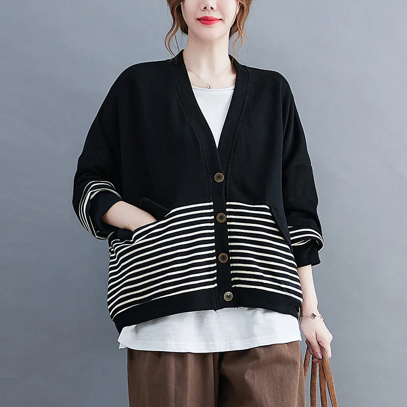 Women's pea coats with brass buttons for a nautical - inspired styleFrench Black V Neck Pockets Striped Patchwork Coats Long Sleeve