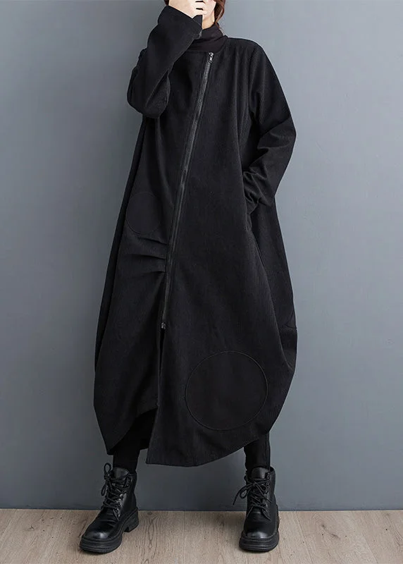 Embroidered women's cotton coats in a bohemian pattern for a unique designFrench Black Zip Up Pockets Patchwork Cotton Long Coats Fall Embroidered women's cotton coats in a bohemian pattern for a unique designFrench Black Zip Up Pockets Patchwork Cotton Long Coats Fall