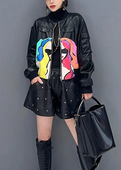 Women's faux fur coats in bright colors for a bold fashion statementFrench Black Zip Up Print Patchwork Faux Leather Coats Long Sleeve Women's faux fur coats in bright colors for a bold fashion statementFrench Black Zip Up Print Patchwork Faux Leather Coats Long Sleeve