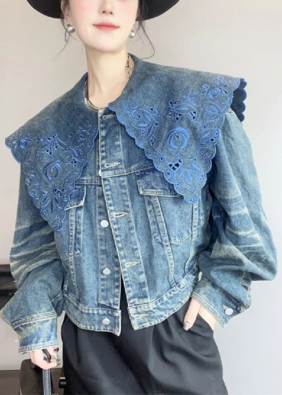 Plus size women's wool blend coats for a warm and stylish winterFrench Blue Peter Pan Collar Hollow Out Denim Coat Spring Plus size women's wool blend coats for a warm and stylish winterFrench Blue Peter Pan Collar Hollow Out Denim Coat Spring