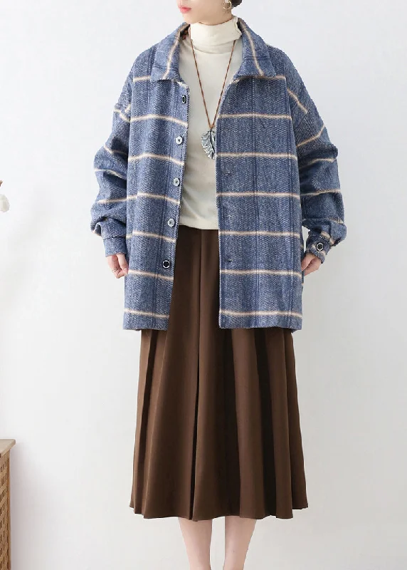 Women's cropped leather coats with silver studs for an edgy lookFrench Blue Peter Pan Collar Plaid Button Woolen Coats Fall Women's cropped leather coats with silver studs for an edgy lookFrench Blue Peter Pan Collar Plaid Button Woolen Coats Fall