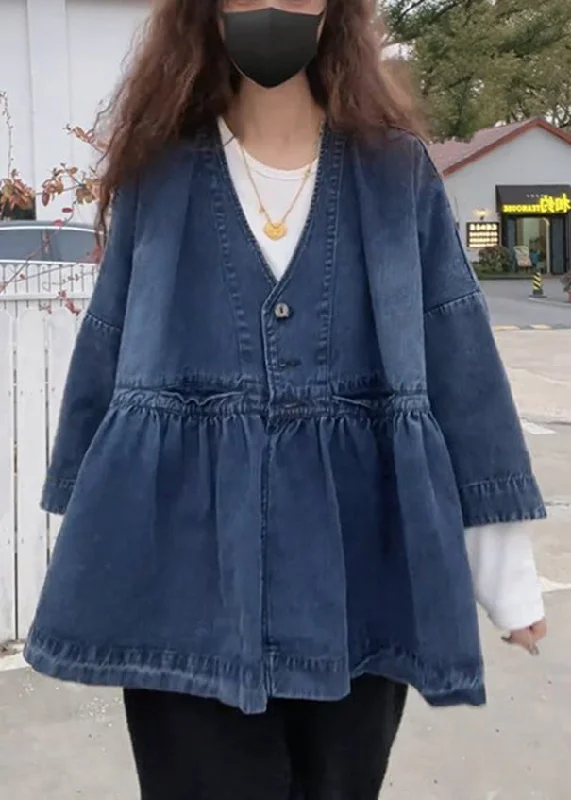 Women's long - sleeve wool coats in a houndstooth pattern for a classic charmFrench Blue V Neck Button Pockets Denim Coats Long Sleeve Women's long - sleeve wool coats in a houndstooth pattern for a classic charmFrench Blue V Neck Button Pockets Denim Coats Long Sleeve