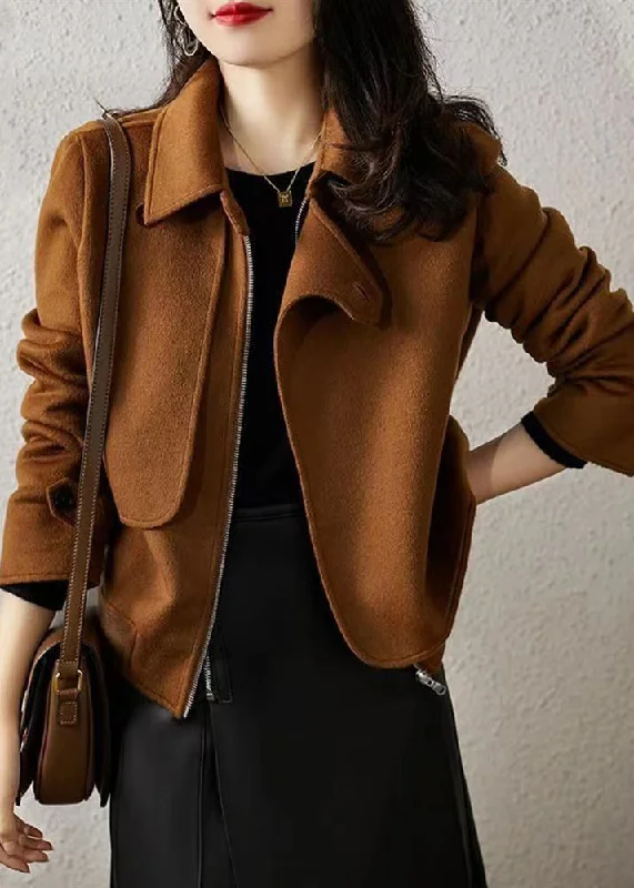 Long women's mac coats in a lightweight fabric for spring showersFrench Brown Zip Up Button Patchwork Woolen Coats Fall Long women's mac coats in a lightweight fabric for spring showersFrench Brown Zip Up Button Patchwork Woolen Coats Fall