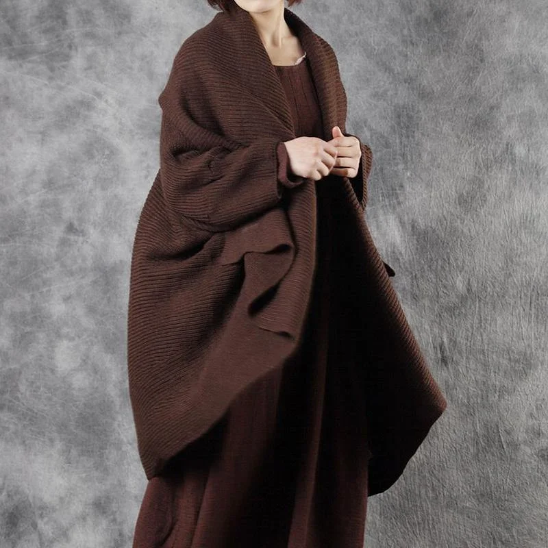 Women's long - sleeve wool coats in a houndstooth pattern for a classic charmFrench Chocolate Bat Wing Sleeve Loose Asymmetrical Design Fall Long Sweater Coat Women's long - sleeve wool coats in a houndstooth pattern for a classic charmFrench Chocolate Bat Wing Sleeve Loose Asymmetrical Design Fall Long Sweater Coat