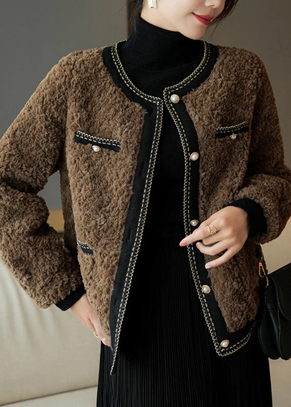 Mid - length women's down coats in a slim fit for a modern and sleek appearanceFrench Chocolate O-Neck Patchwork Button Faux Fur Coats Winter Mid - length women's down coats in a slim fit for a modern and sleek appearanceFrench Chocolate O-Neck Patchwork Button Faux Fur Coats Winter