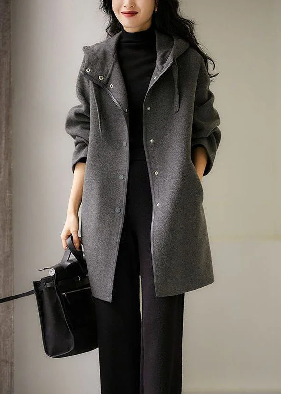 Women's longline double - breasted camel coats for a sophisticated lookFrench Dark Gray Drawstring Button Hoodie Wool Blend Coat Long Sleeve Women's longline double - breasted camel coats for a sophisticated lookFrench Dark Gray Drawstring Button Hoodie Wool Blend Coat Long Sleeve