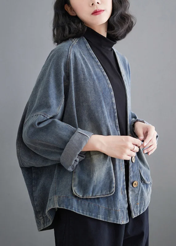 Women's longline double - breasted camel coats for a sophisticated lookFrench Denim Blue V Neck Pockets Patchwork Coat Spring Women's longline double - breasted camel coats for a sophisticated lookFrench Denim Blue V Neck Pockets Patchwork Coat Spring