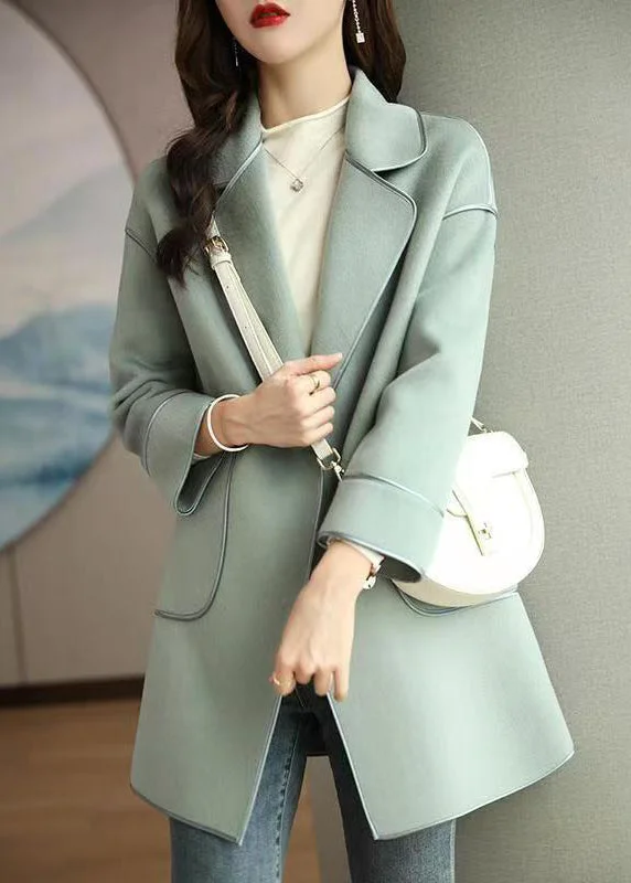 Oversized women's wool coats in a monochromatic look for a trendy outfitFrench Green Notched Collar Button Down Woolen Jackets Fall