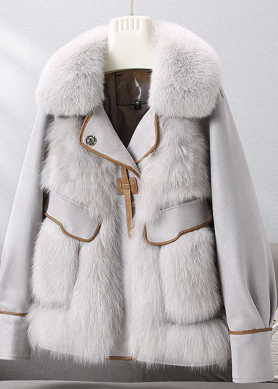 Mid - length women's down coats in a slim fit for a modern and sleek appearanceFrench Grey Fox Collar Leather Patchwork Button Down Coat Winter Mid - length women's down coats in a slim fit for a modern and sleek appearanceFrench Grey Fox Collar Leather Patchwork Button Down Coat Winter