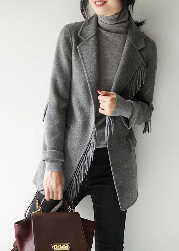 Plus size women's wool blend coats for a warm and stylish winterFrench Grey Notched Tassel Solid Woolen Blend Coat Fall Plus size women's wool blend coats for a warm and stylish winterFrench Grey Notched Tassel Solid Woolen Blend Coat Fall