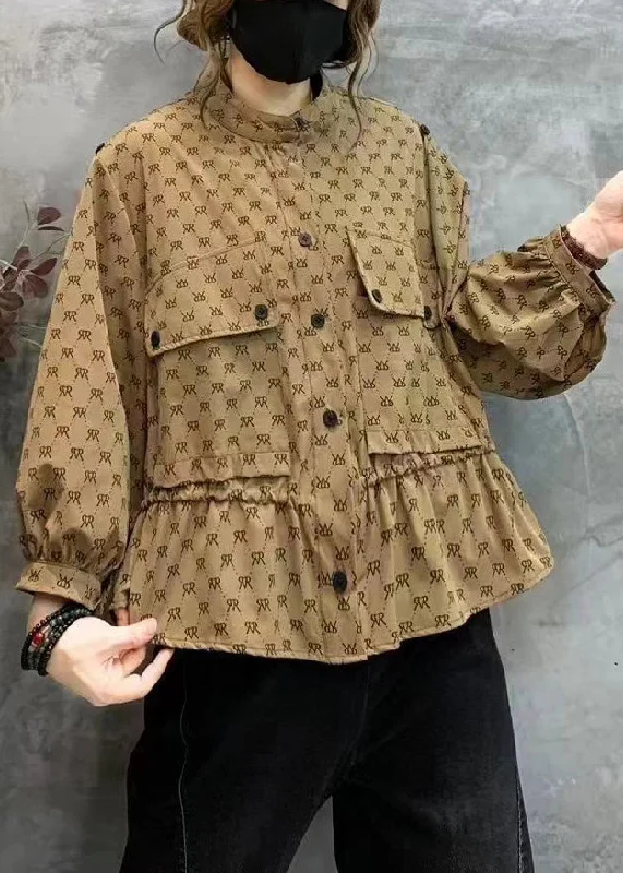 Mid - length women's down coats in a slim fit for a modern and sleek appearanceFrench Khaki Print Pockets Cotton Coat Long Sleeve Mid - length women's down coats in a slim fit for a modern and sleek appearanceFrench Khaki Print Pockets Cotton Coat Long Sleeve